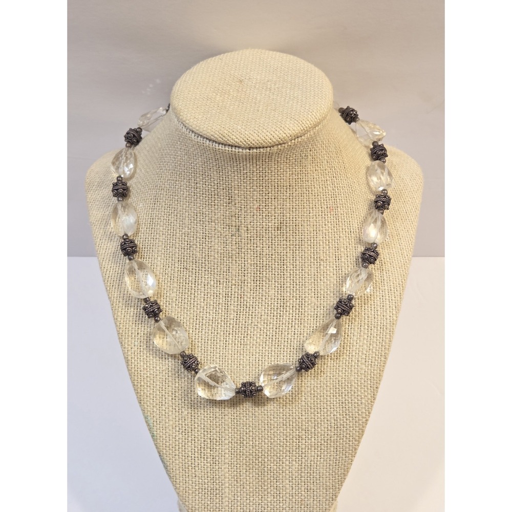 Heavy Vintage Ornate Sterling Silver & Crystal Quartz Necklace 17-19" Hand Cut